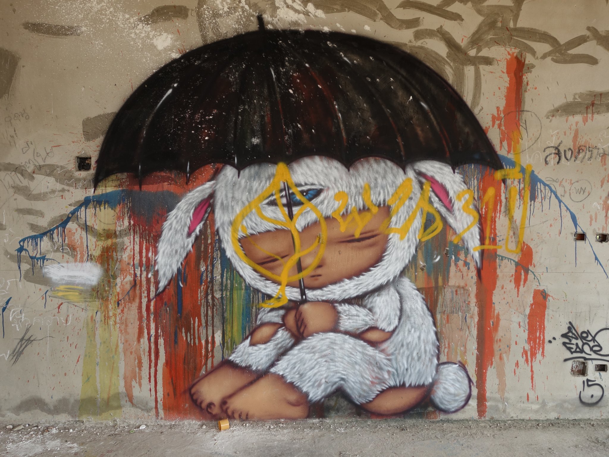 Graffiti building boy unbrella costume.JPG