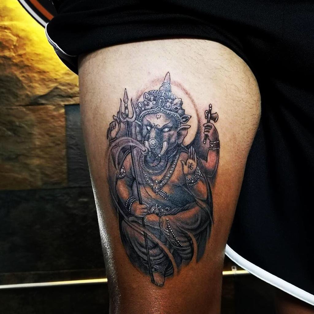 Ganesh Leg Tattoo At Inked In Asia Tattoo Studio Patong Phuket Thailand.jpeg
