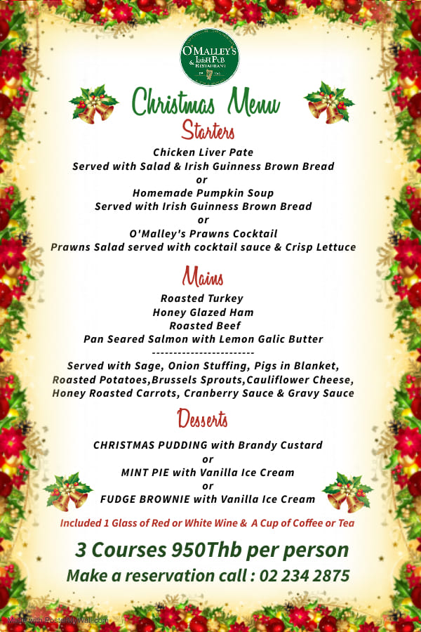 Christmas Menu 2020 at O’malley’s Irish Pub Bangkok - Bangkok News ...