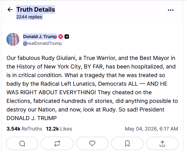 Rudy Giuliani Hospitalised in Critical Condition