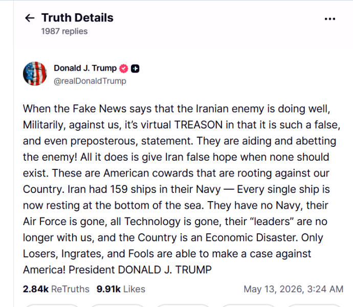 Trump Calls Media Reports on Iran ‘Virtual Treason’