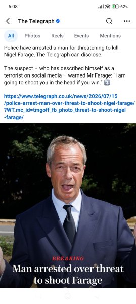 Man arrested over threat to shoot farage