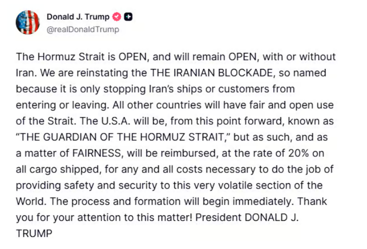 Trump: US to control the Strait of Hormuz, charge transit fee of 20%