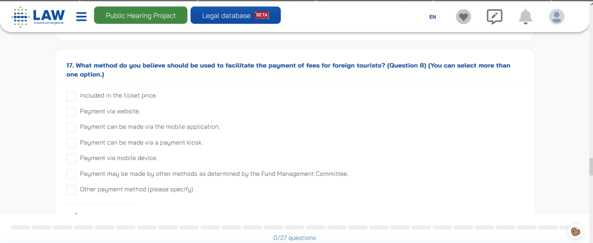 Tourist fee survey for foreigners available only in Thai